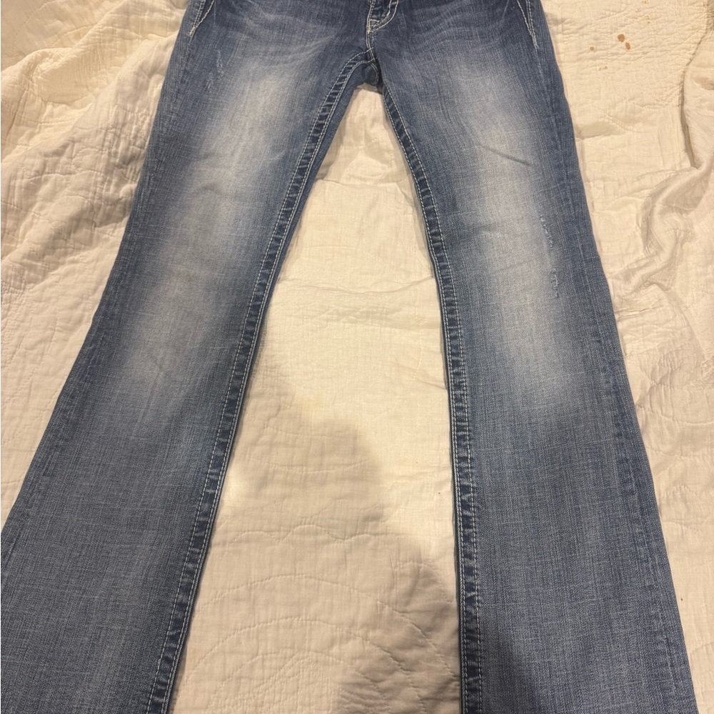 Miss Me Blue Boot Cut Jeans with Vintage Wash and Contrast Stitching
